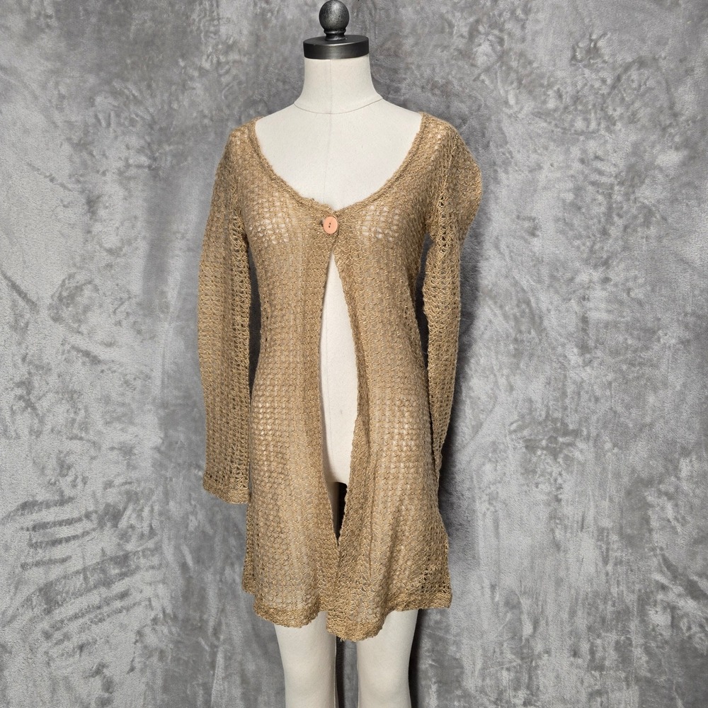 Y2K A Byer Cardigan Women L Tan Crochet Open Knit Longline Single Button Boho